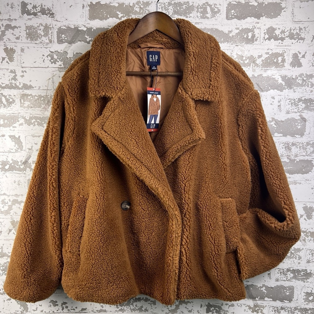 Gap Sherpa Teddy Bear Coat Sz XL Brown Double Breasted Cozy Comfort